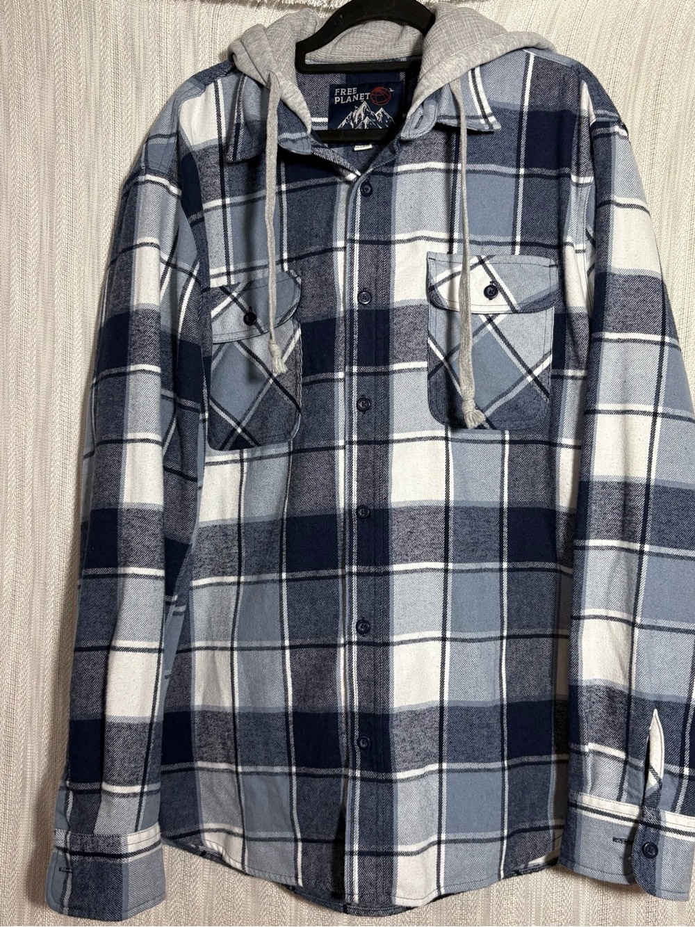 Free Planet Men’s Navy and Light Blue Plaid Hooded Button-Down Shirt